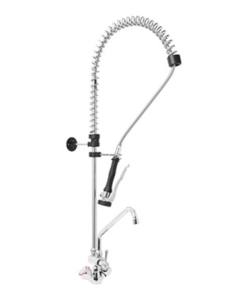 Single-hole prewash shower assembly with round handles...