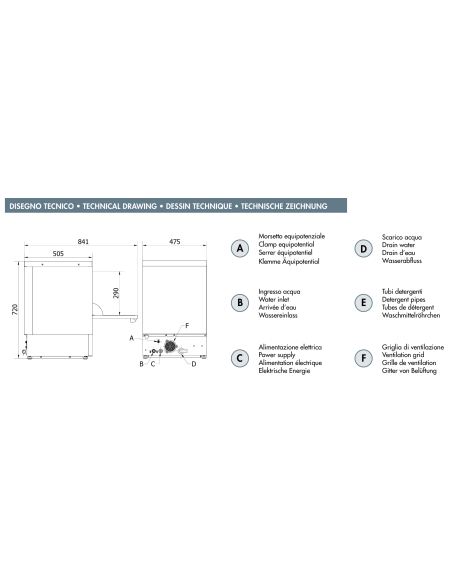 Glass Washer - 40x40 square basket washer - without Drain Pump - Dimensions cm 47.5 x 50.5 x 72 h