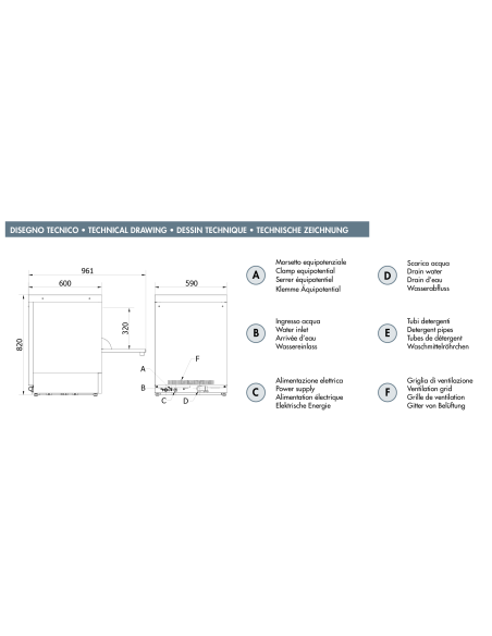50x50 square basket dishwasher - Three-phase - with Drain Pump - Dimensions cm 59 x 60 x 82 h