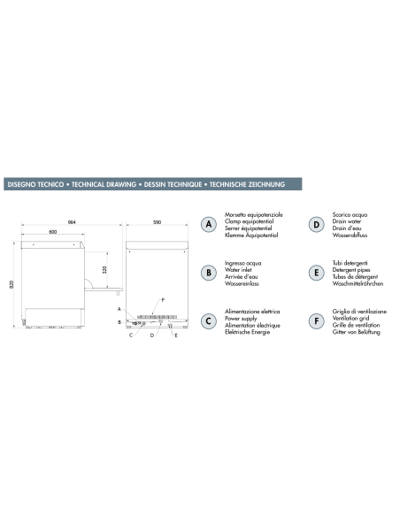 50x50 square basket dishwasher with Drain Pump - Dimensions cm 59 x 60 x 82 h