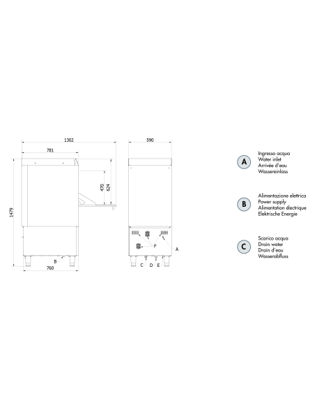 Dishwasher with 50x63 square basket with Drain Pump - Dimensions cm 59 x 78.1 x 147.9 h