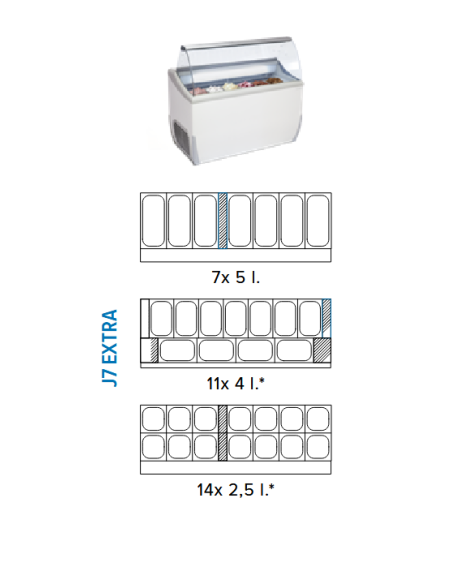 Ice cream display case - Capacity tubs 7 x 5L. - 11 x 4L. - 14 x 2.5L. - Cm 134.1 x 72.3 x 125.3 h