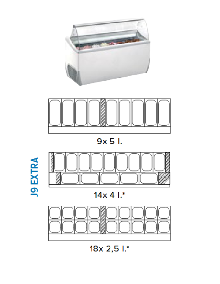 Vetrina per gelato - Capacità vaschette 9 x 5L. - 14 x 4L. - 18 x 2.5L. - Cm 165.5 x 72.3 x 125.3 h