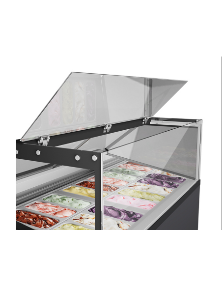 Ice cream, frozen pastry and stick display case - 12 tubs of 5 L or 24 of 2.5 L - Temperature +10°-25°C - Cm 120.6