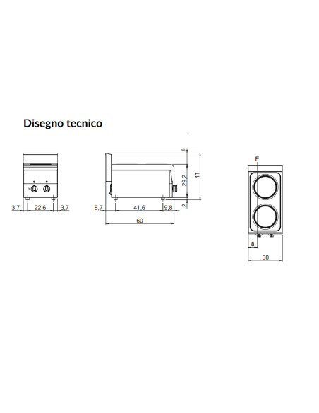Cocina eléctrica profesional 2 placas - Potencia kW 4 - cm 30 x 60 x 30 h