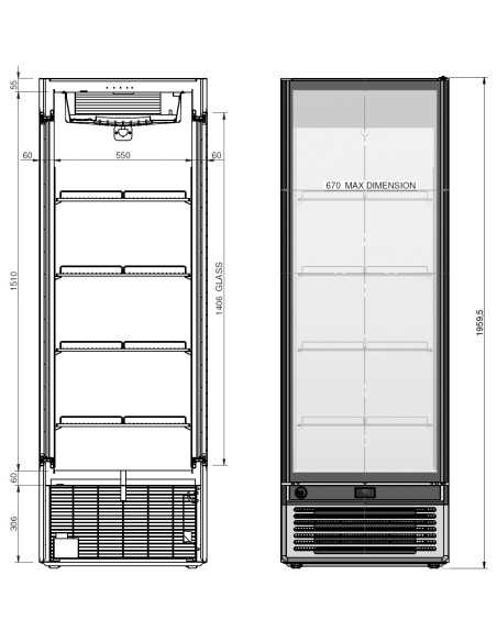 Vetrina refrigerata tre lati vetro - temperatura 0° +7°C - Litri 410 - Cm 67 x 62.5 x 196.4 h