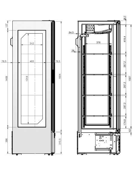 Vitrina refrigerada vidrio trilateral - temperatura 0° +7°C - Litros- Cm 67 x 62,5 x 196,4 h
