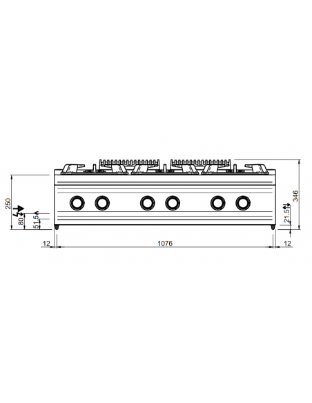 Professional gas stove with 6 burners - Power 6 x kW 7 - Cm 110 x 73 x 85 h
