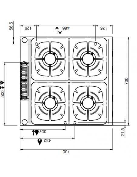 Professional gas stove with 4 burners - Power 4 x kW 7 - Gas oven - Cm 70 x 73 x 85 h