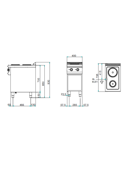 Professional electric stove with 2 round plates - Power kW 1.5 + 2.6 - cm 40 x 73 x 85 h