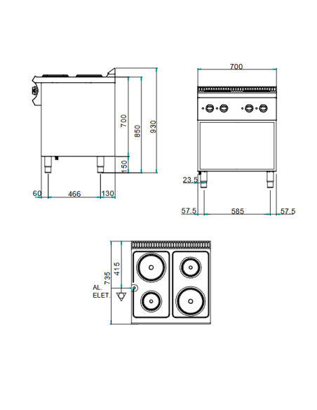Cucina professionale elettrica con 4 piastre tonde - Potenza 2 x kW 1.5 + 2 X kW 2.6 - cm 70 x 73 x 85 h