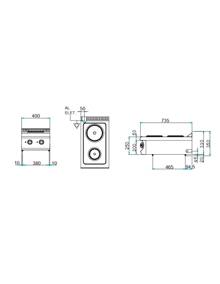 Professional electric stove with 2 round plates - Power kW 1.5 + 2.6 - cm 40 x 73 x 25 h