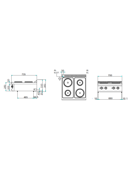 Cocina eléctrica profesional con 4 placas redondas - Energía 2 x kW 1,5 + 2 x kW 2,6 - cm 70 x 73 x 25 h