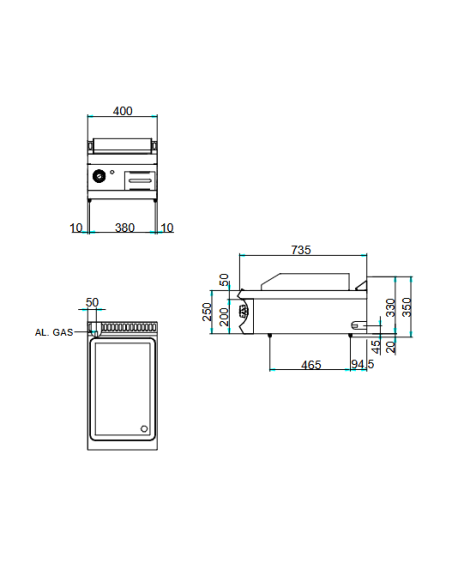 Professional gas fry top with grooved plate - cm 40 x 73 x 25 h