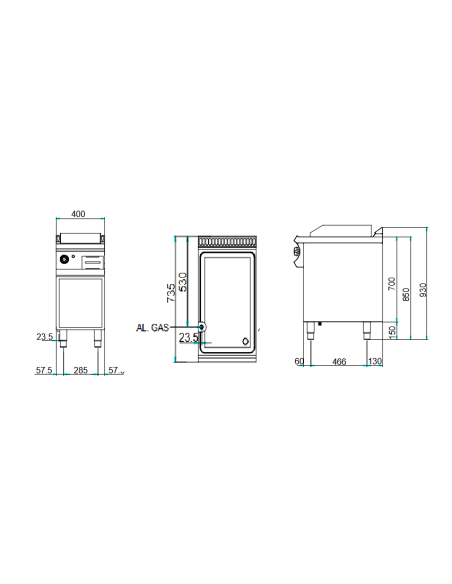 Professional gas fry top with chrome ribbed plate - cm 40 x 73 x 85 h
