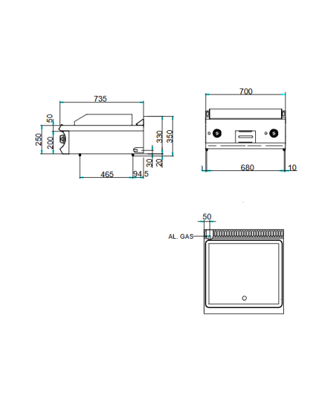 Professional gas fry top with smooth plate - cm 70 x 73 x 25 h
