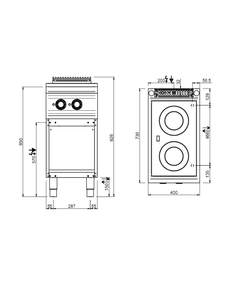 Cucina professionale in vetroceramica con 2 zone di cottura - Potenza 1x kW 1.8 + 1x 2.5 kW - cm 40 x 73 x 85 h