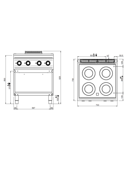 Professional glass-ceramic stove with 4 cooking zones - Power 2x kW 1.8 + 2x 2.5 kW - cm 70 x 73 x 85 h
