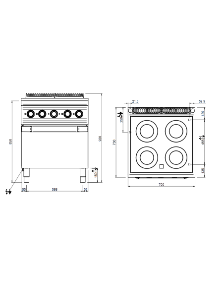 Glass-ceramic stove with 4 cooking zones - Power 2x kW 1.8 + 2x 2.5 kW - Electric oven - cm 70 x 73 x 85 h