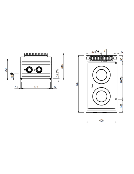 Professional glass-ceramic stove with 2 cooking zones - Power 1x kW 1.8 + 1x 2.5 kW - cm 40 x 73 x 25 h