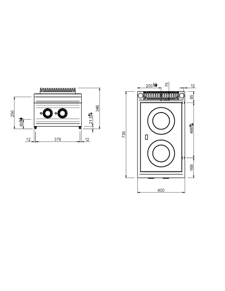 Cucina professionale a induzione con 2 induttori - Potenza 2 x kW 3.5 - cm 40 x 73 x 25 h