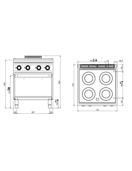 Professional induction stove with 4 inductors - Power 4 x kW 3.5 - cm 70 x 73 x 85 h