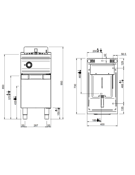 Freidora profesional a gas con 1 cuba 14 litros - Calentamiento directo - cm 40 x 73 x 118 h