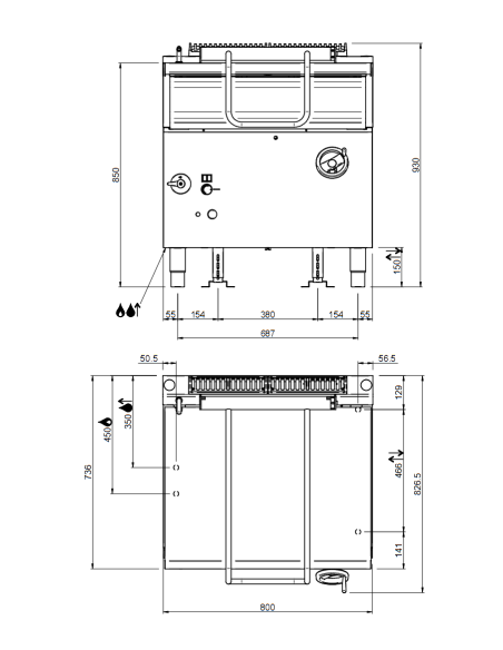 Brasiera a gas con ribaltamento manuale - Capacità litri 50 - Potenza kW 13.5 - cm 80 x 73 x 85 h