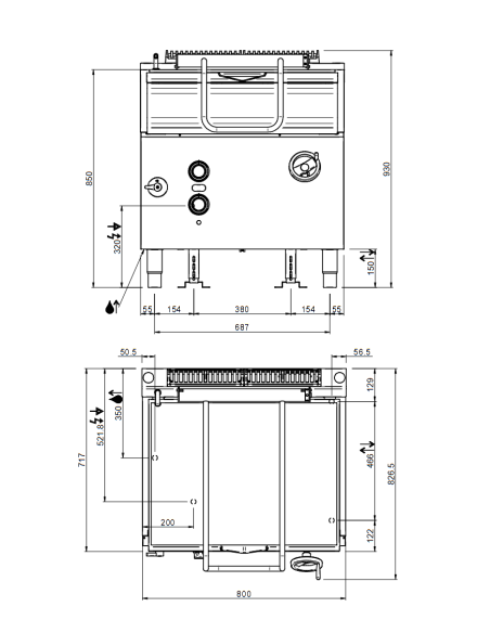 Brasiera elettrica con ribaltamento manuale - Capacità litri 50 - Potenza kW 9 - cm 80 x 73 x 85 h