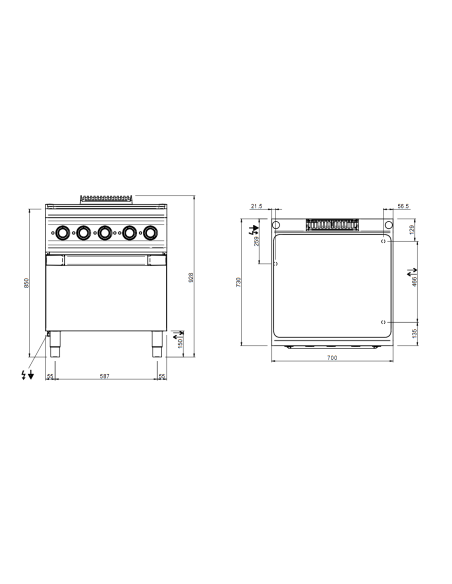 Cocina profesional totalmente eléctrica - Energía kW 2,25 x 4 - Horno eléctrico - cm 70 x 73 x 85 h