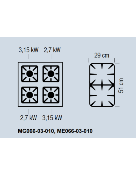 Professional gas stove with 4 burners - Power 2 x kW 2.7 + 2 x kW 3.15 - Gas oven - cm 60 x 60 x 85 h