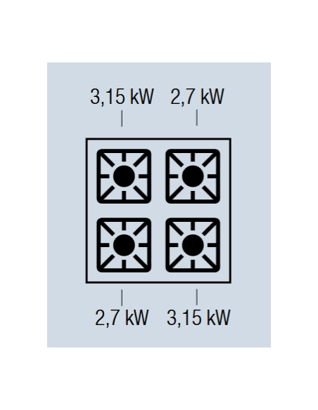 Professional gas stove with 4 burners - Power 2 x kW 2.7 + 2 x kW 3.15 - cm 60 x 60 x 27 h