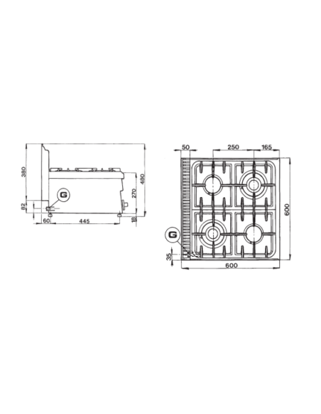 Cucina professionale a gas con 4 fuochi - Potenza 2 x kW 2.7 + 2 x kW 3.15  - cm 60 x 60 x 27 h