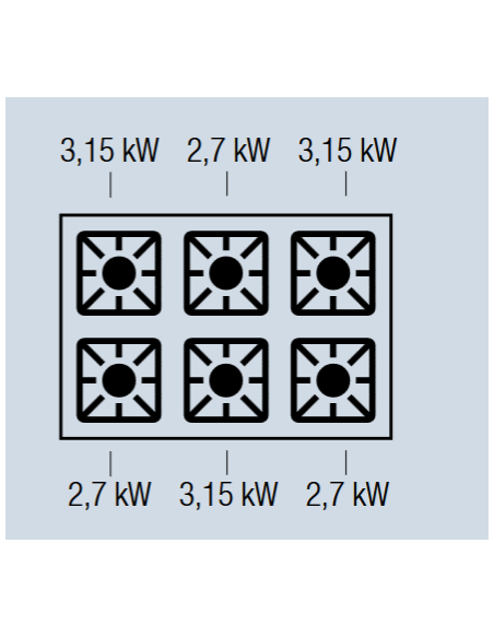 Professional gas stove with 6 burners - Power 3 x kW 2.7 + 3 x kW 3.15 - cm 100 x 60 x 27 h