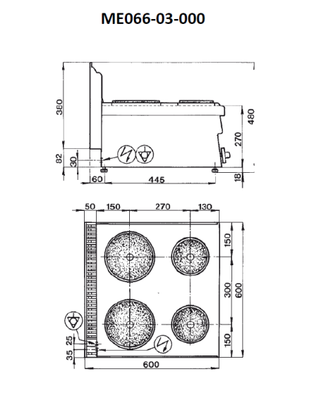 Professional electric stove with 4 plates - Power 2 x Kw 1.5 + 2 x Kw 2.6 - Cm 60 x 60 x 27 h