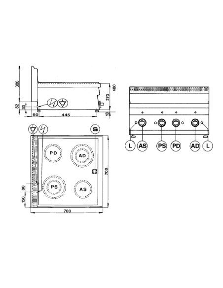 Professional glass-ceramic stove with 4 cooking zones - Power 2xkW 1.8 + 2xkW 2.5 - Cm 60 x 60 x 27 h