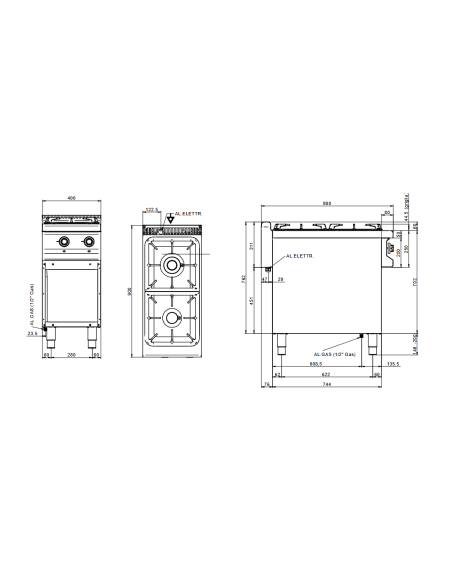 Professional gas stove with 2 burners - Power kW 7 + kW 11 - Cm 40 x 90 x 85 h