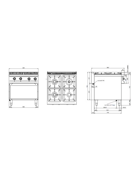 Professional gas stove with 4 burners - Power 4 x kW 5.5 - Cm 80 x 90 x 85 h