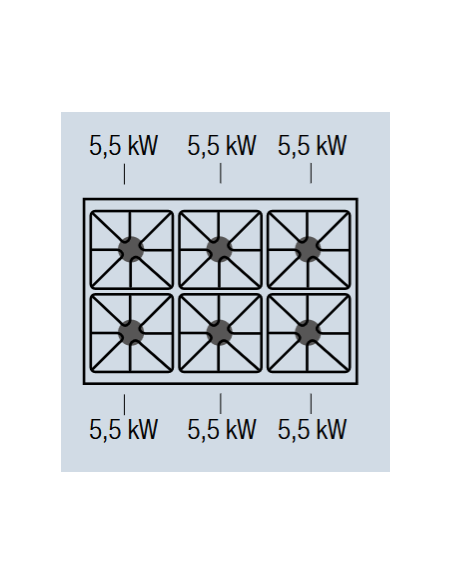 Cocina de gas profesional con 6 quemadores - Energía 6 x kW 5.5 - Cm 120 x 90 x 85 h