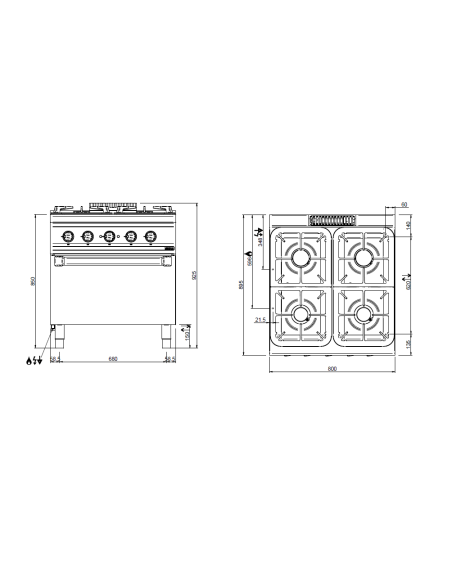 Cocina profesional de gas con 4 quemadores - Energía 4 x kW 5.5 - Horno eléctrico - Cm 80 x 90 x 85 h