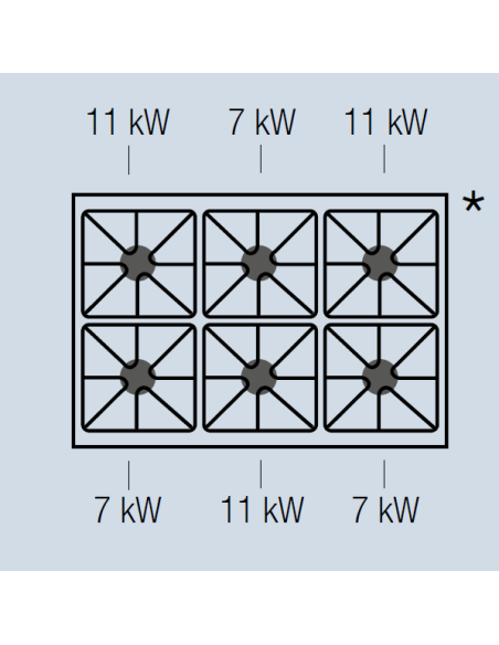 Cocina de gas profesional con 6 quemadores - Energía 3 x kW 7 + 3 x kW 11 - Horno de gas - Cm 120 x 90 x 85 h