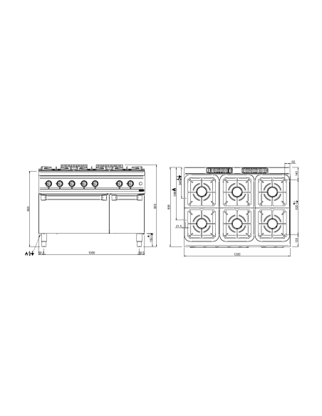 Cocina profesional de gas con 6 quemadores - Energía 6 x kW 5.5 - Horno eléctrico - Cm 120 x 90 x 85 h
