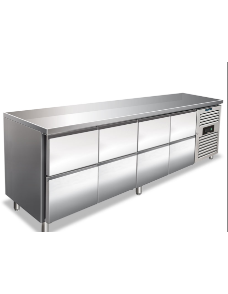 Tavolo refrigerato con 4 Cassettiere refrigerate da N.2 Cassetti da 1/2 - cm 223 x 70 x 86 h