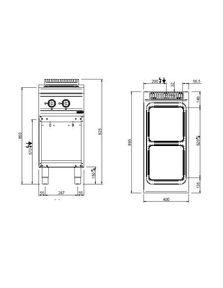 Professional electric stove with 2 square plates - Power 2 x kW 3 - cm 40 x 90 x 85 h