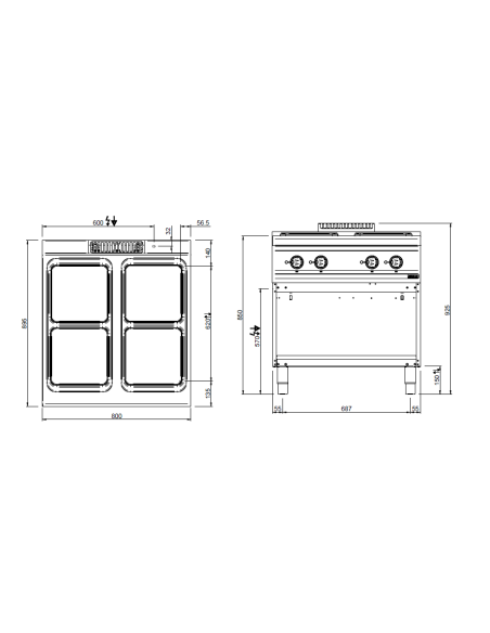 Cocina eléctrica profesional con 4 placas cuadradas - Energía 3 x kW 3 + 1 x kW 4 - cm 80 x 90 x 85 h
