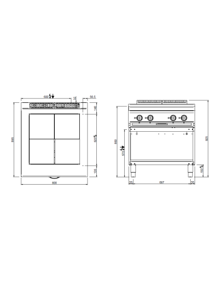 Professional electric stove with 4 lowered square plates - Power 4 x kW 2.5 - cm 80 x 90 x 85 h