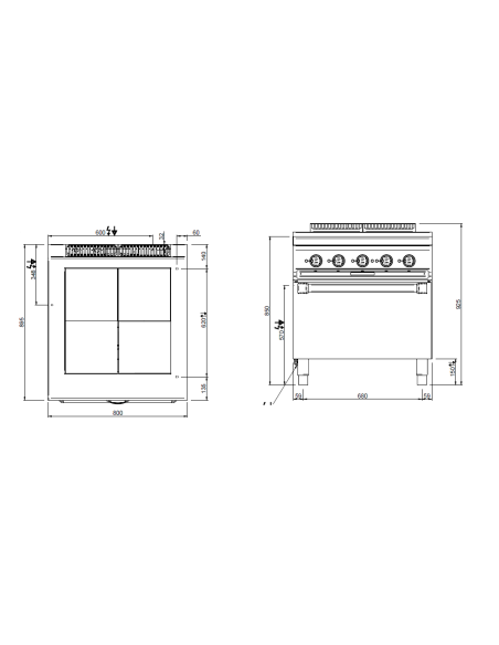 Cocina eléctrica profesional con 4 placas cuadradas rebajadas - Energía 4 x kW 2.5 - Horno eléctrico - cm 80 x 90 x 85 h