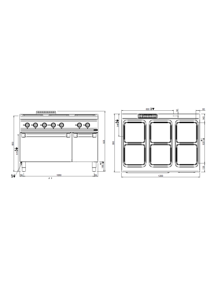 Cocina eléctrica profesional con 6 placas cuadradas - Energía 4 x kW 3 + 2 x kW 4 - Horno eléctrico - cm 120 x 90 x 85 h