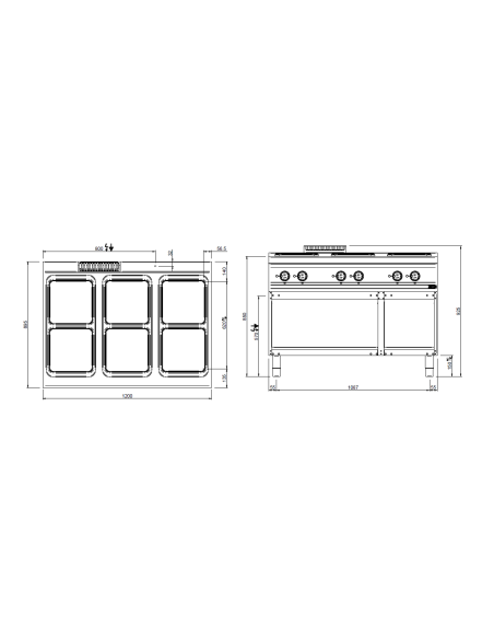Professional electric stove with 6 square plates - Power 4 x kW 3 + 2 x kW 4 - cm 120 x 90 x 85 h