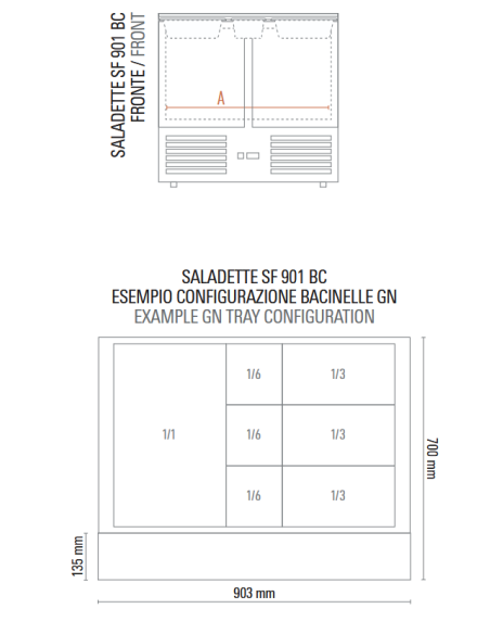 Saladette refrigerata 2 porte per bacinelle Gastronorm - Temperatura +2 +8 °C - cm 90 x 70 x 87 h